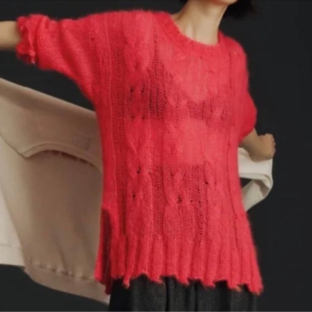 Anthropologie The Posey Stitchy Distressed Sweater in bright neon pink Large - Picture 2 of 7